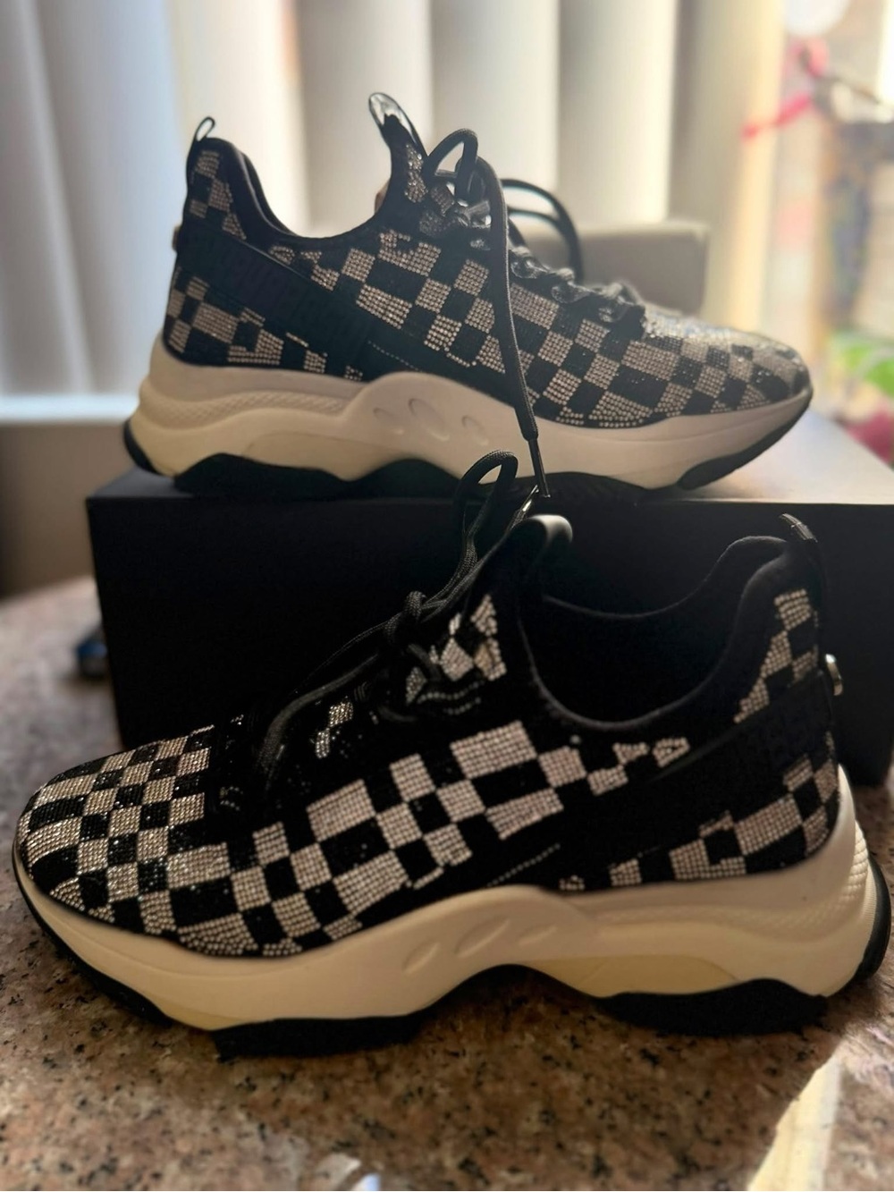 Steve Madden Black and White Checker Knit Chunky Sneakers